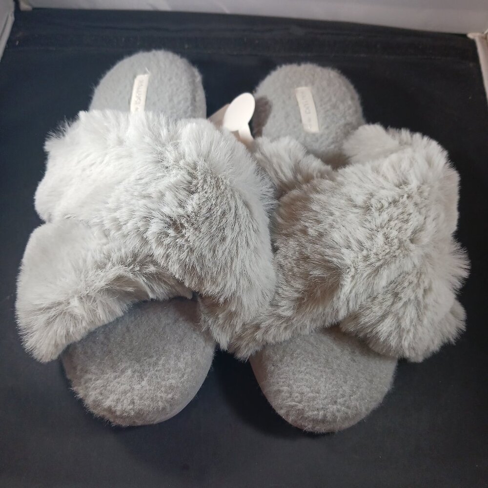 Halluci Women's Cross Band Slippers Plush Slip On Size L Padded Footbed Grey
